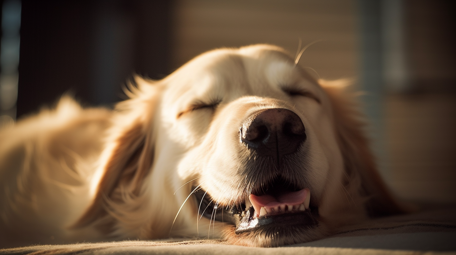 A Labrador dog sleeping peacefully with his tongue out 