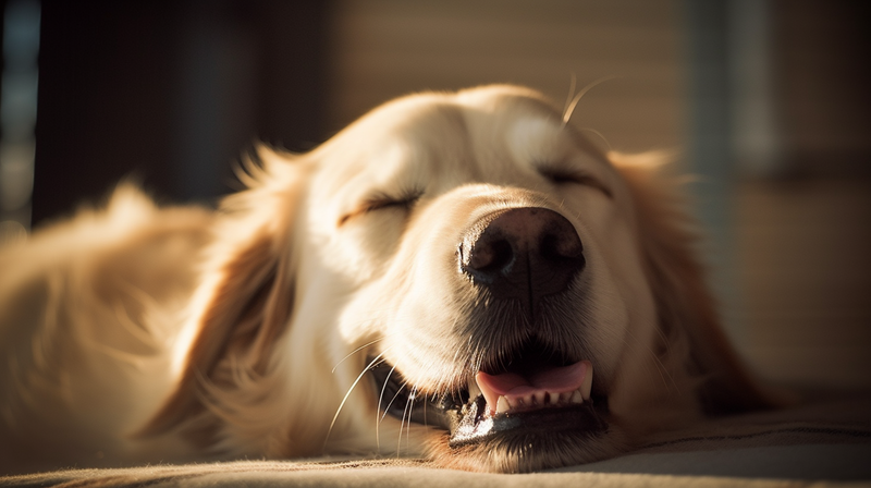 A Labrador dog sleeping peacefully with his tongue out 