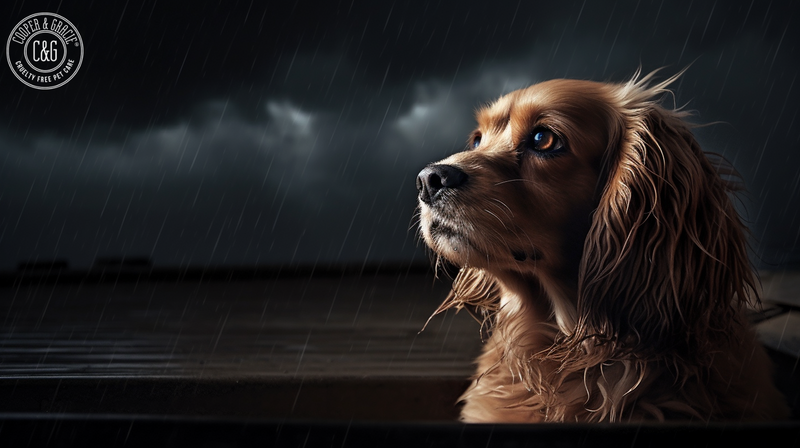 A dog overlooking a stormy sky featuring the Cooper and Gracie logo