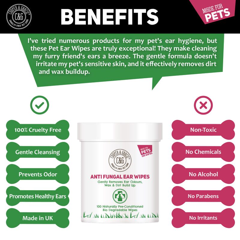 Anti Fungal Dog Ear Wipes - 100 Soothing Biodegradable Pet Ear Cleaning Wipes